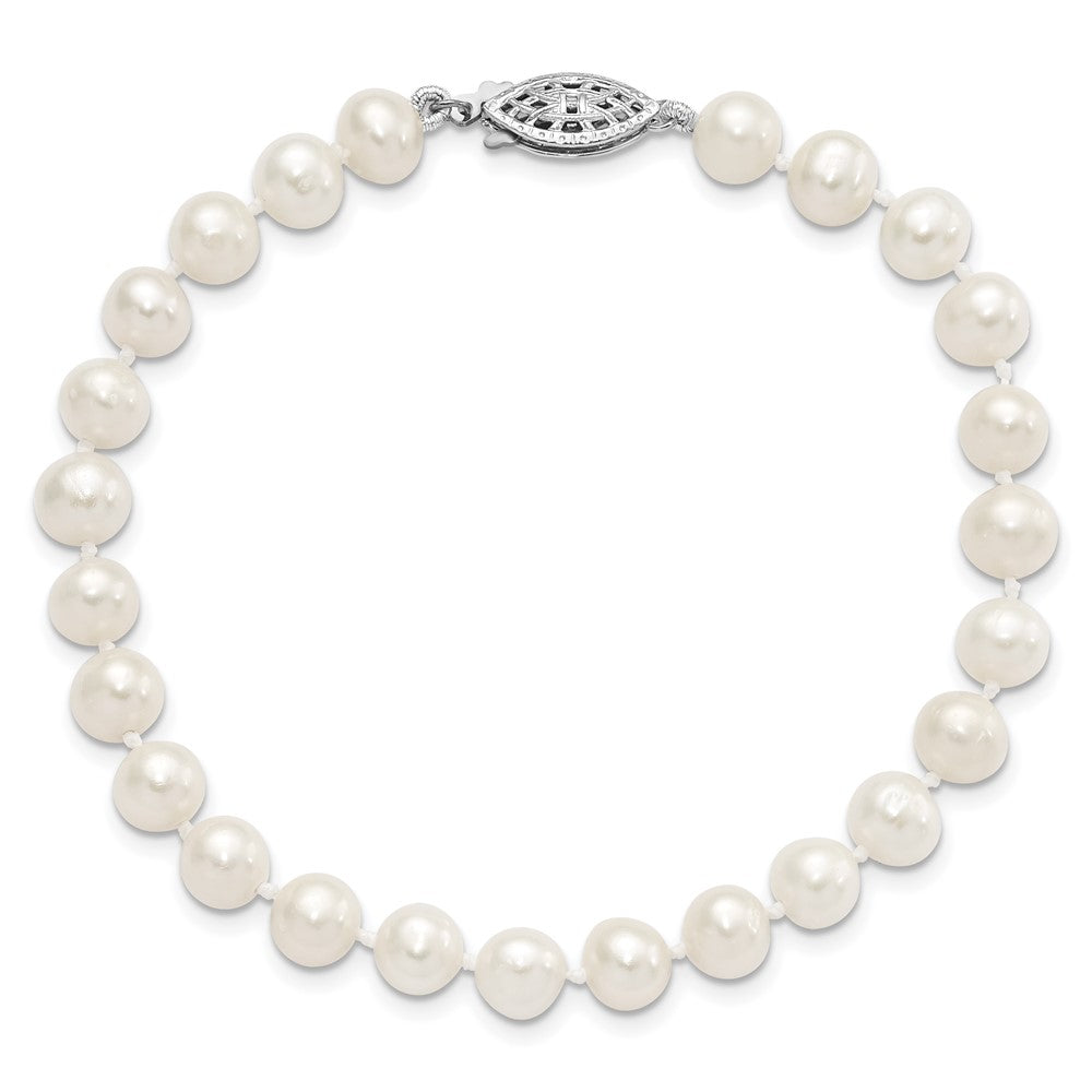 Sterling Silver Rhodium 6-7mm White Freshwater Cultured Pearl Bracelet