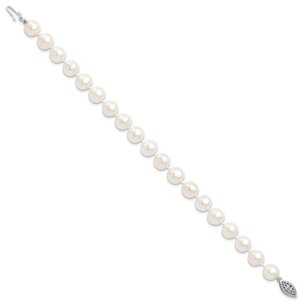 Sterling Silver Rhodium 9-10mm White FW Cultured Pearl Bracelet