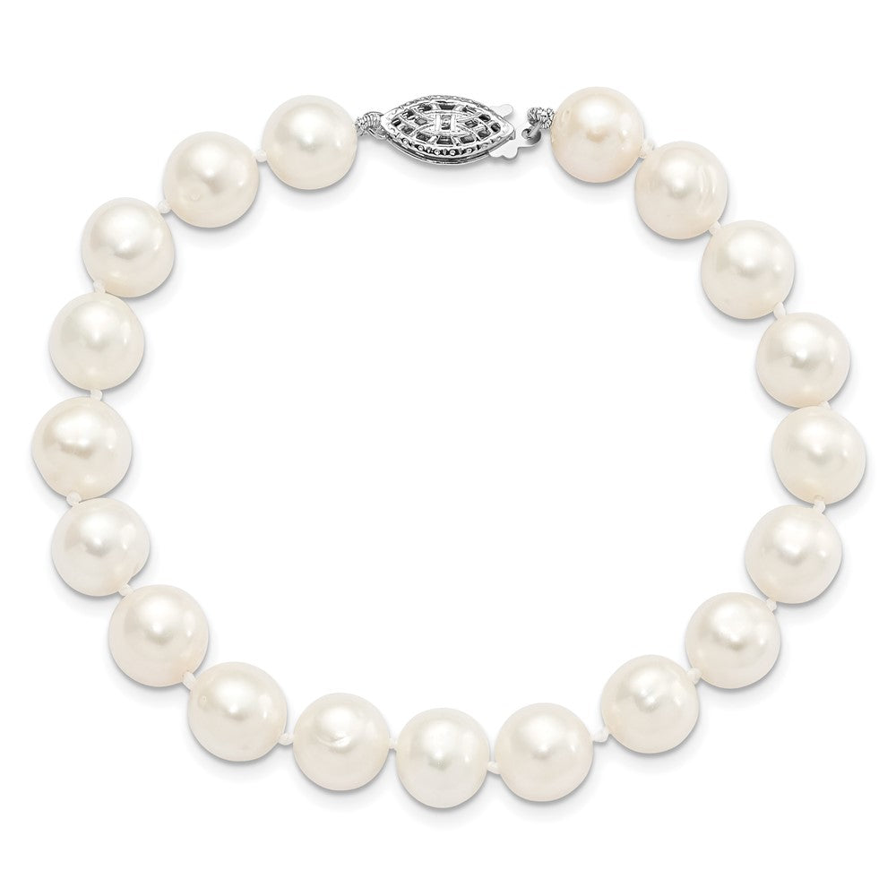 Sterling Silver Rhodium 9-10mm White FW Cultured Pearl Bracelet