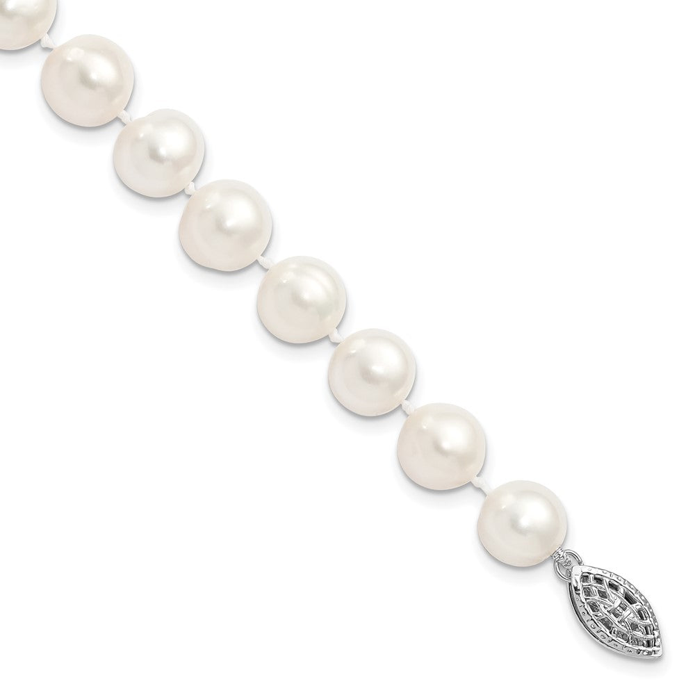 Sterling Silver Rhodium 9-10mm White FW Cultured Pearl Bracelet