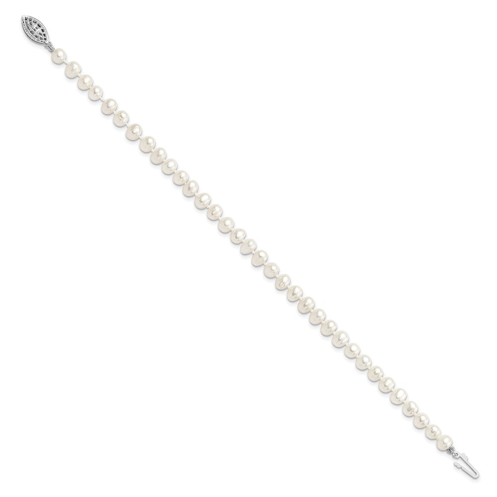 Sterling Silver Rhodium 5-6mm White Freshwater Cultured Pearl Bracelet