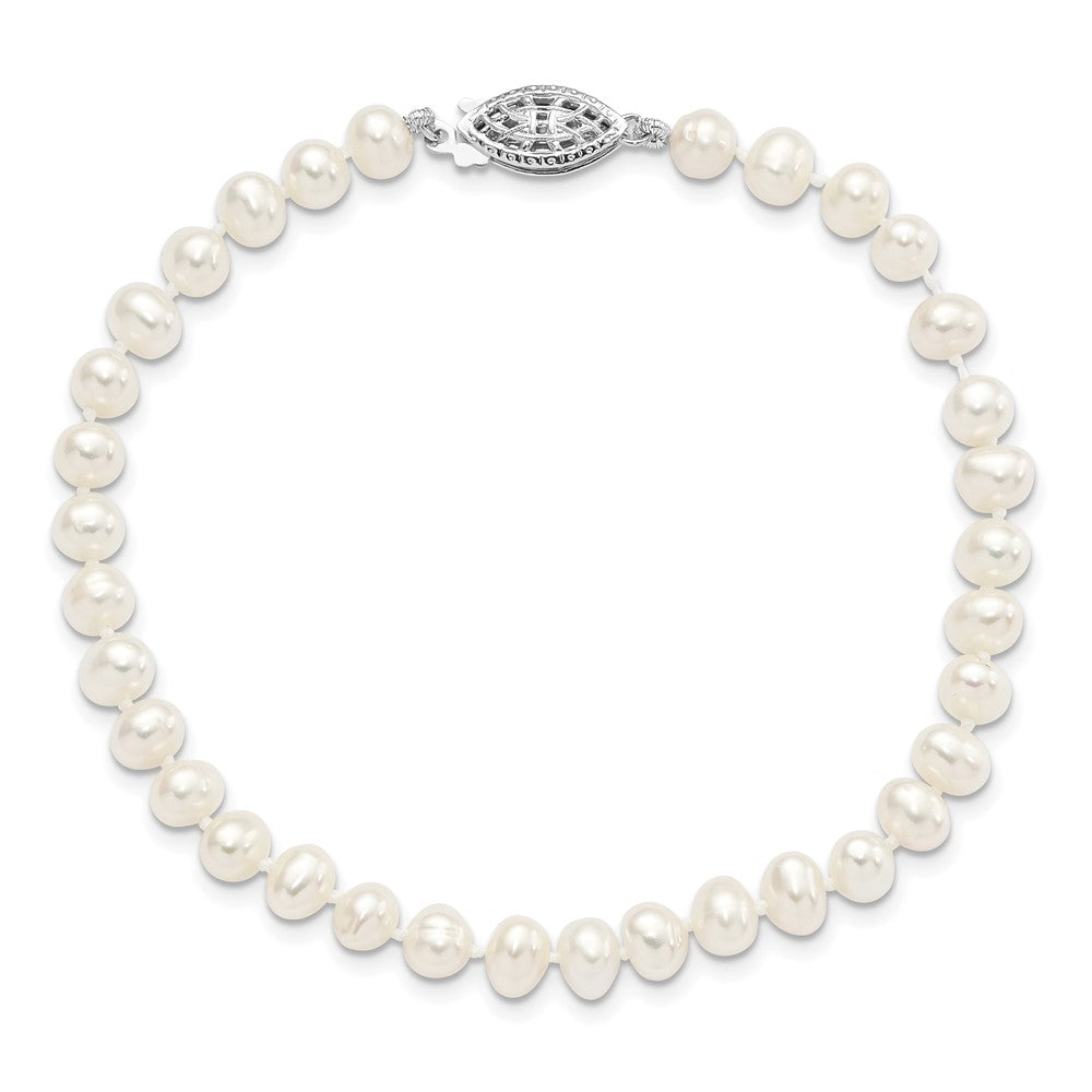 Sterling Silver Rhodium 5-6mm White Freshwater Cultured Pearl Bracelet