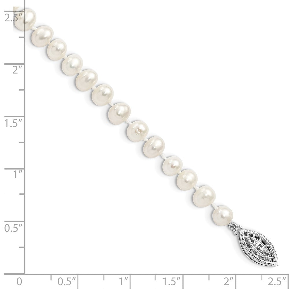 Sterling Silver Rhodium 5-6mm White Freshwater Cultured Pearl Bracelet