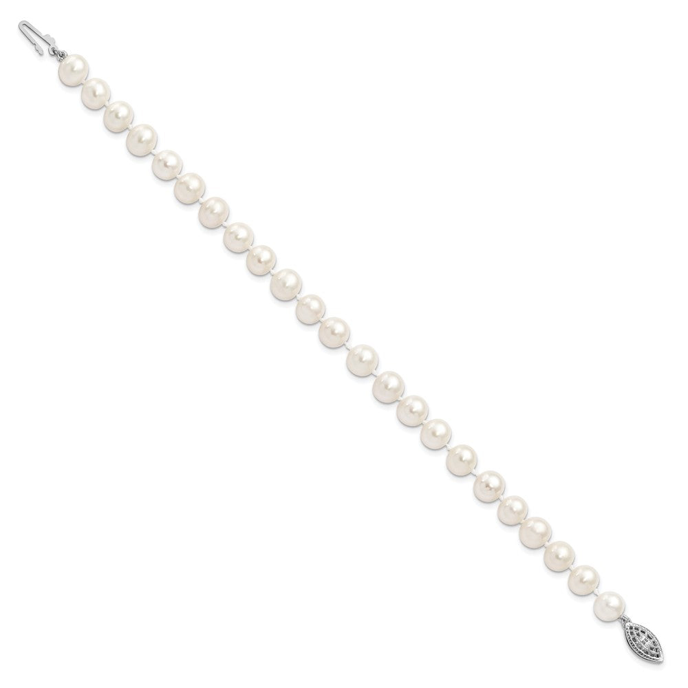 Sterling Silver Rhodium 7-8mm White Freshwater Cultured Pearl Bracelet