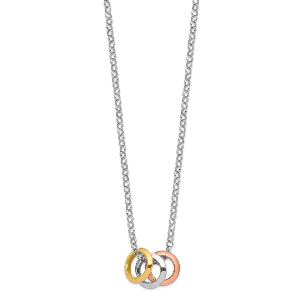 Sterling Silver Rhodium, Rose and Gold-plated 3-Circle Necklace