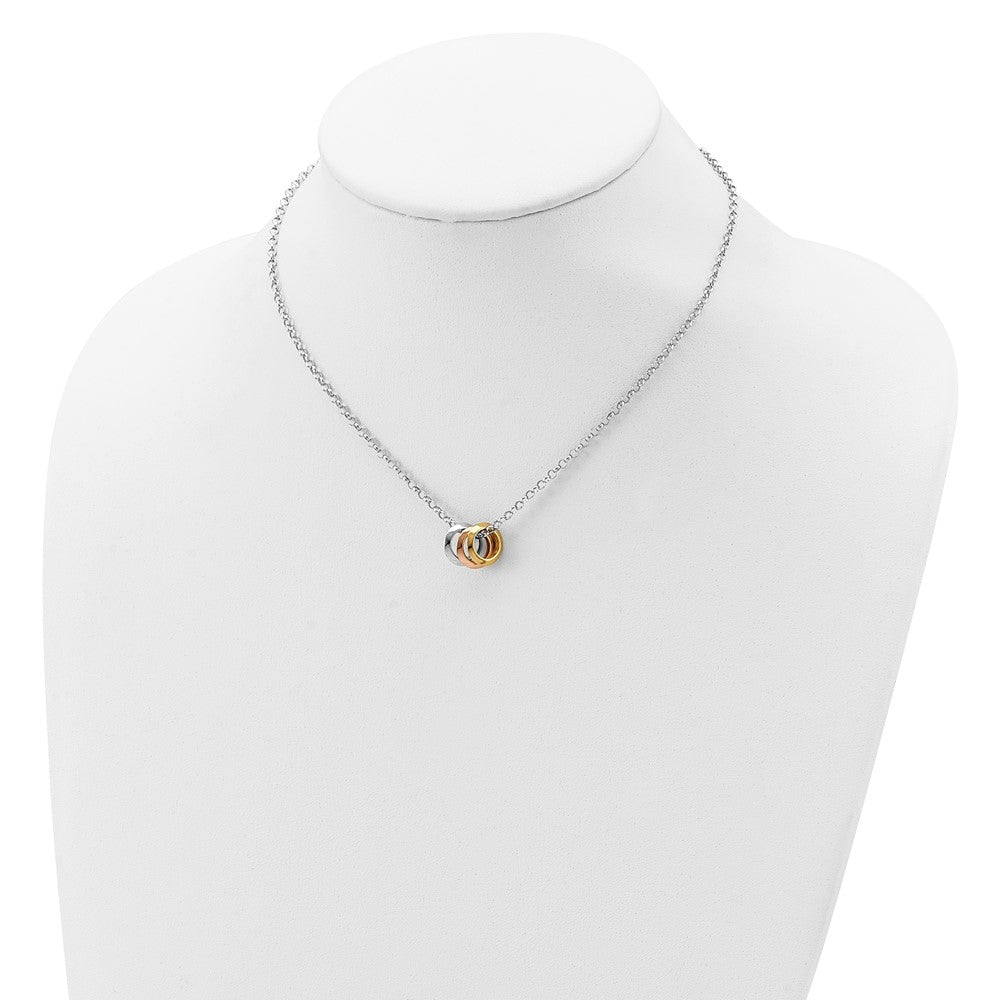 Sterling Silver Rhodium, Rose and Gold-plated 3-Circle Necklace