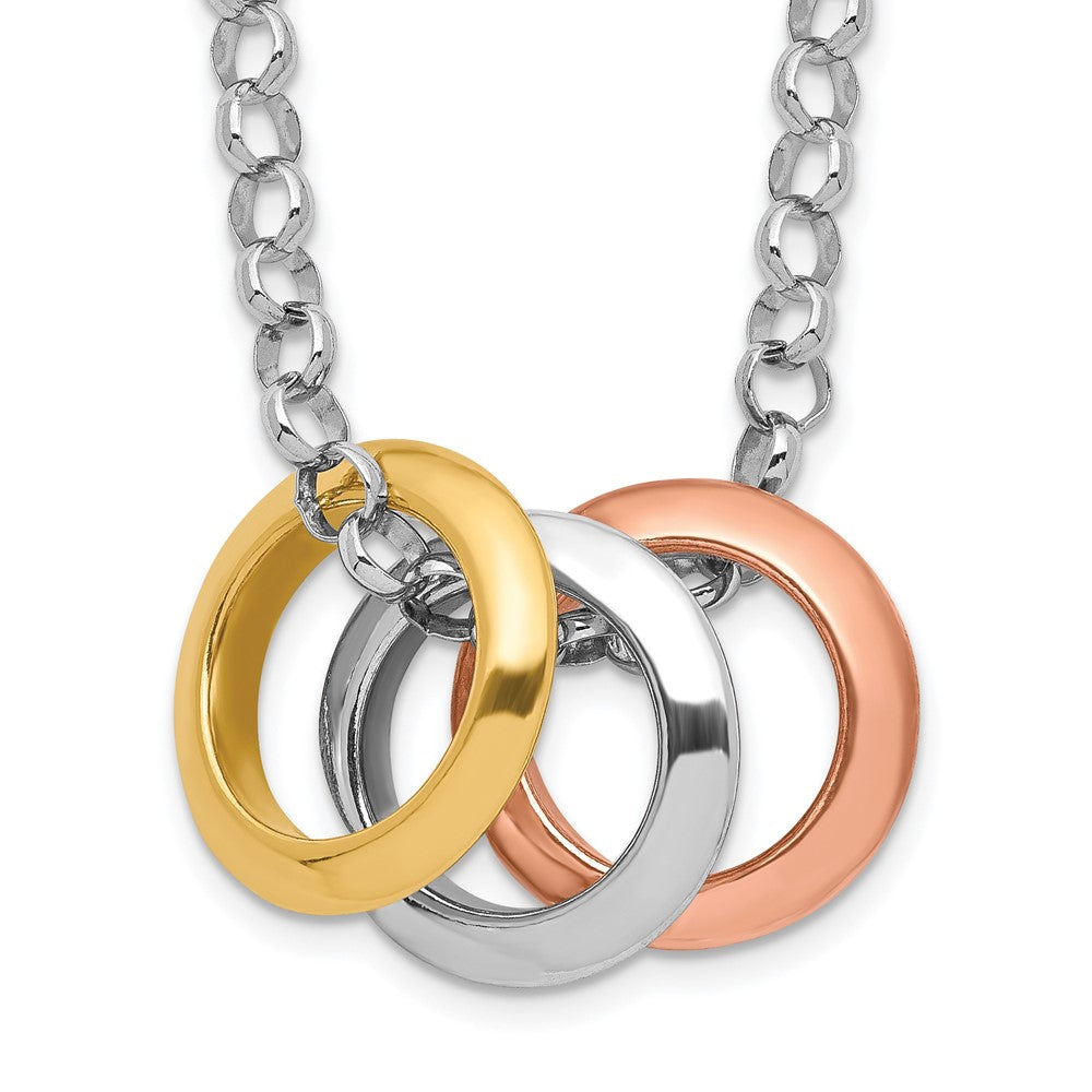 Sterling Silver Rhodium, Rose and Gold-plated 3-Circle Necklace