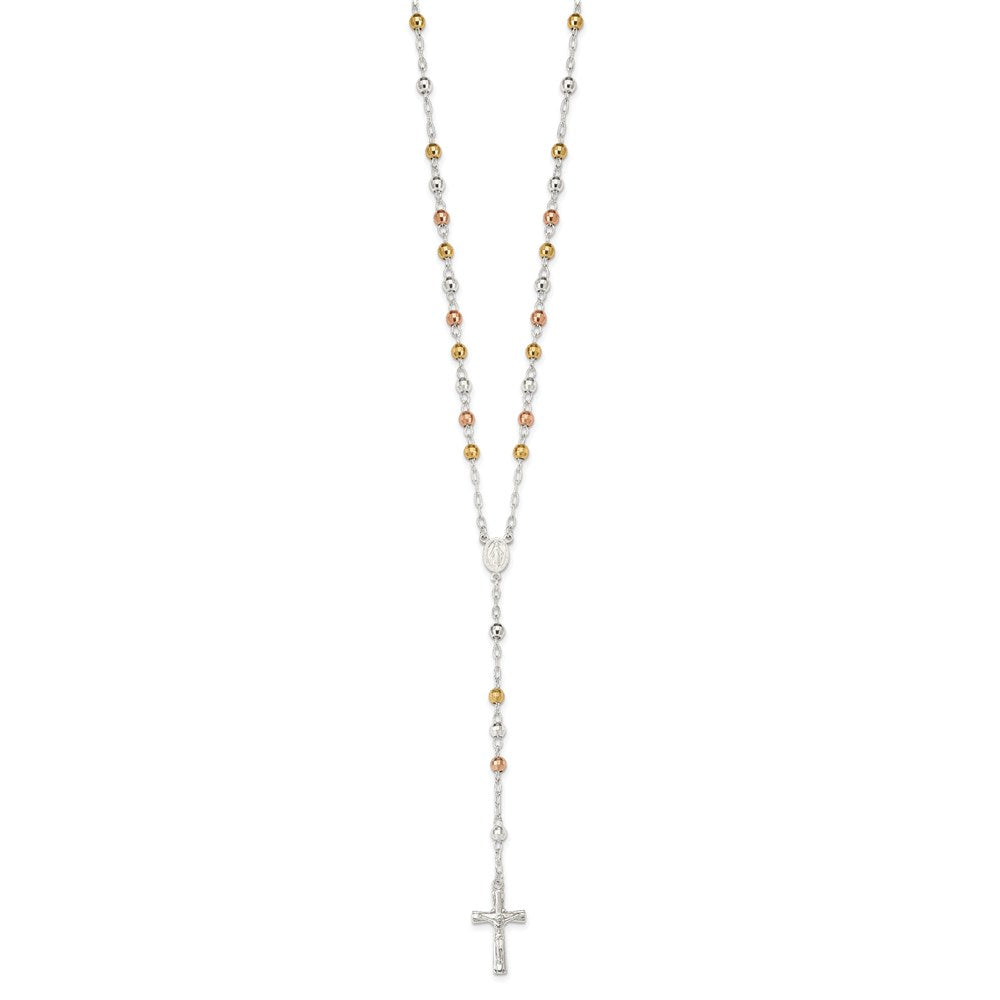 Sterling Silver Tri-color Polished Textured Bead Rosary 26 inch Necklace