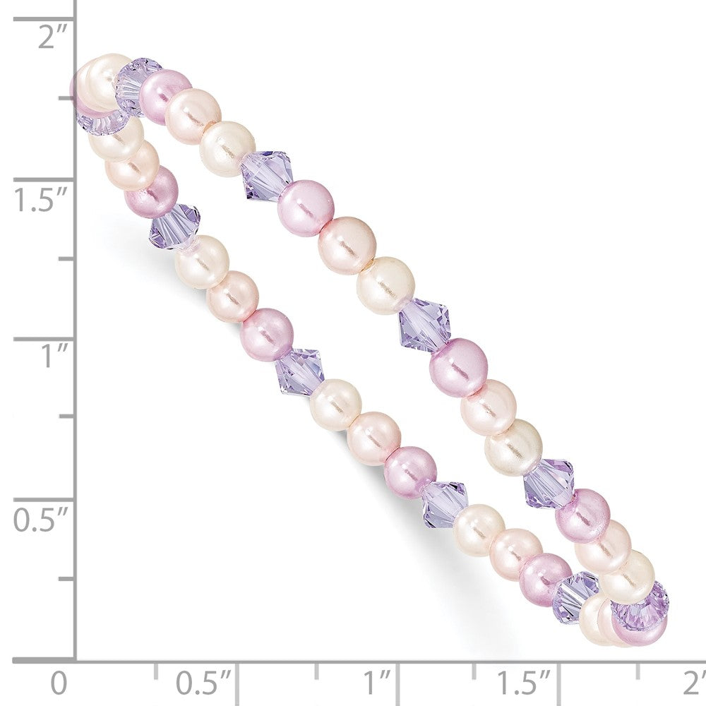 Children's Pink, Purple & White 4mm Shell Bead & Crystal Stretch Bracelet