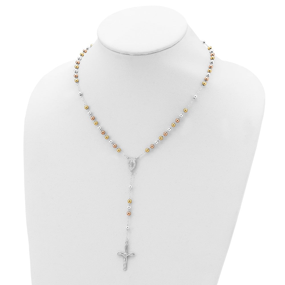 Sterling Silver Polished White Rose and Yellow Bead Rosary 18 inch Necklace