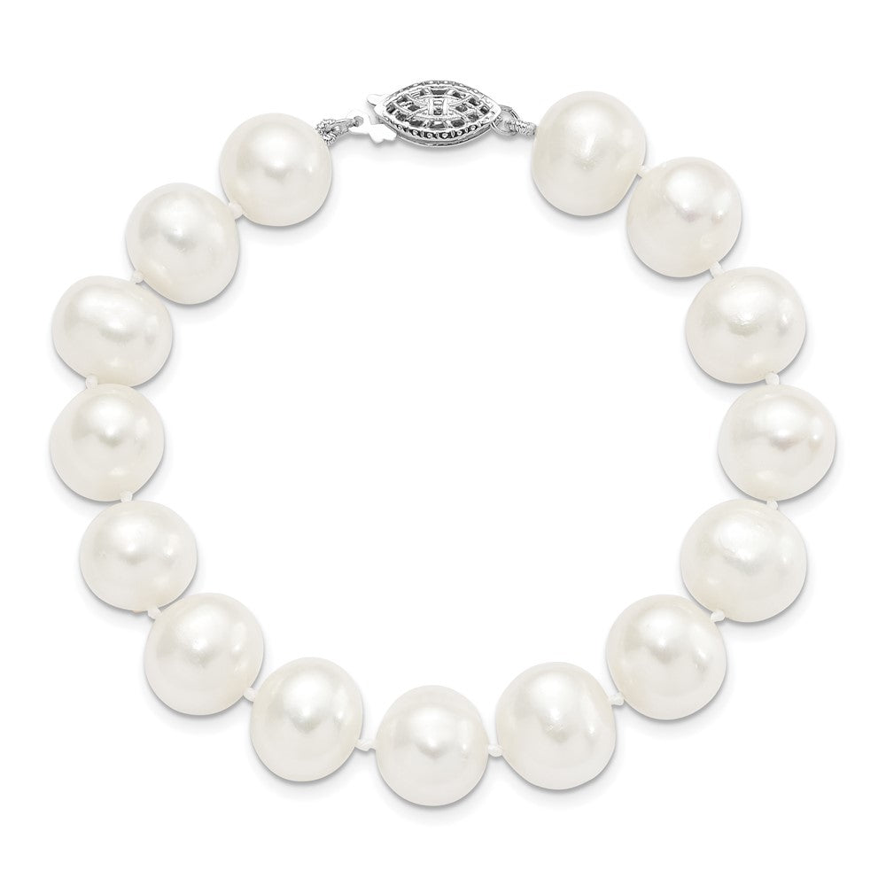 Sterling Silver Rhodium 11-12mm White FW Cultured Pearl Bracelet