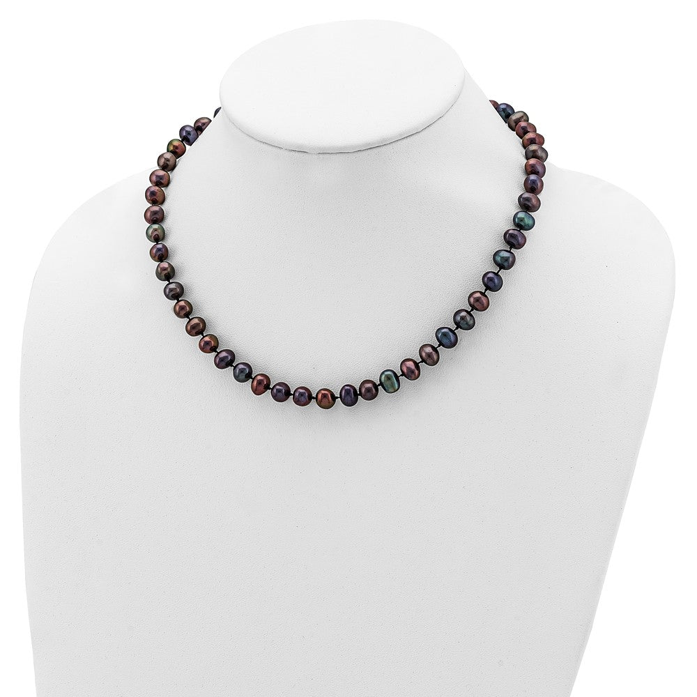 Sterling Silver Rhod-plated 7-8mm Black FW Cultured Pearl Necklace