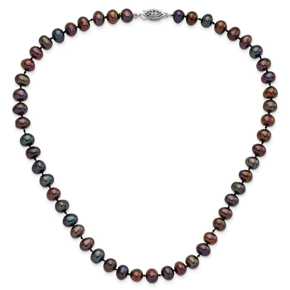 Sterling Silver Rhod-plated 7-8mm Black FW Cultured Pearl Necklace