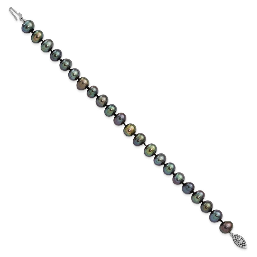 Sterling Silver Rhod-plated 7-8mm Black FW Cultured Pearl Bracelet