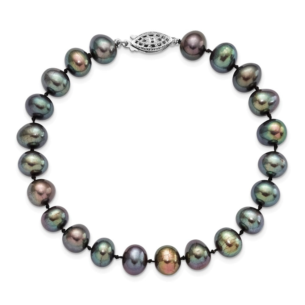 Sterling Silver Rhod-plated 7-8mm Black FW Cultured Pearl Bracelet