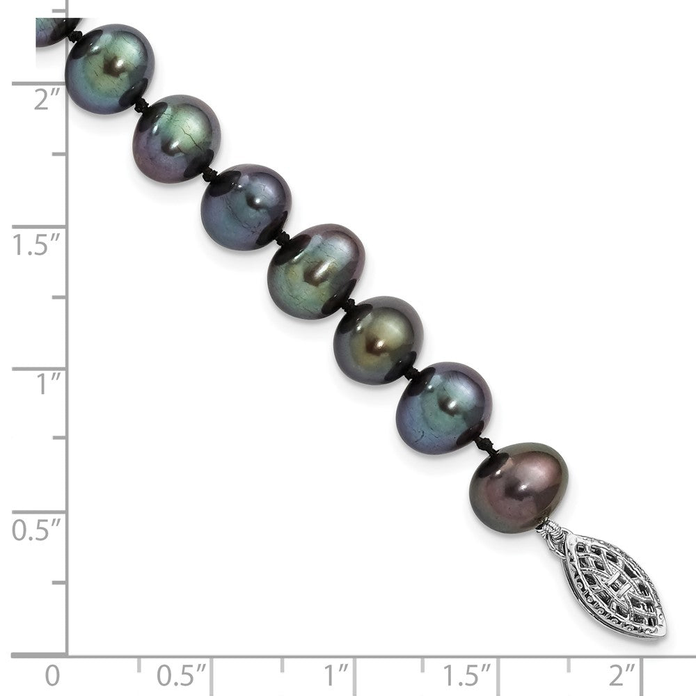 Sterling Silver Rhod-plated 7-8mm Black FW Cultured Pearl Bracelet