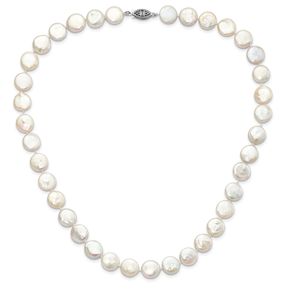 Sterling Silver Rhodium-plated 10-11mm White FWC Coin Pearl Necklace