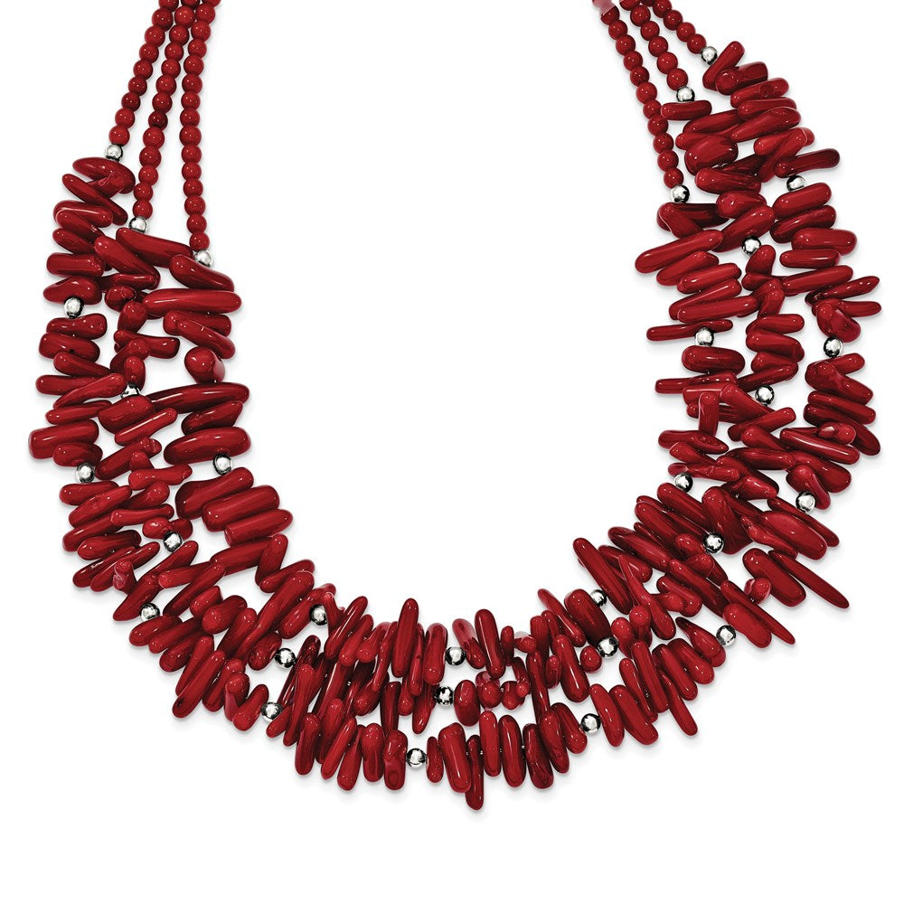 Sterling Silver Three Strand Red Coral 16.50 inch Necklace with 2 inch extension