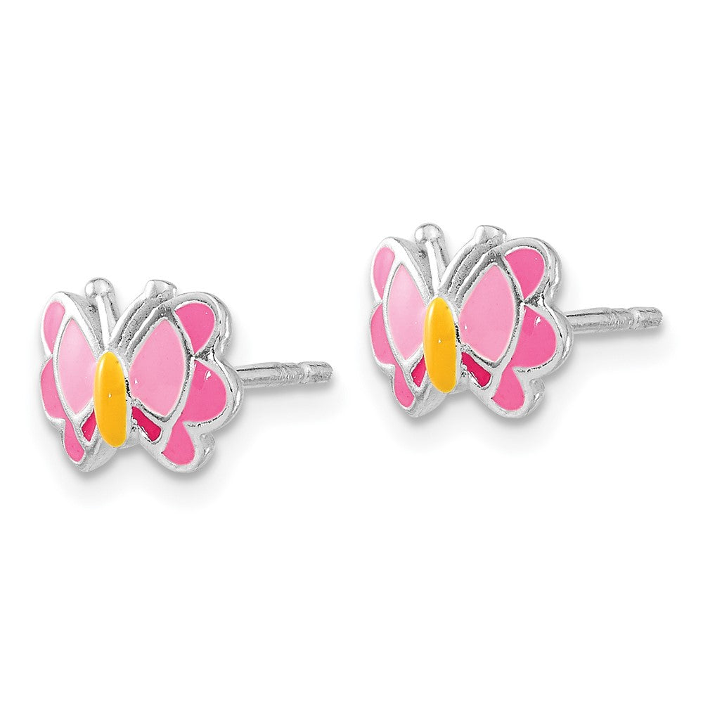 Sterling Silver Polished & Pink/Orange Enameled Butterfly Children's Earrings & 14in Necklace Set