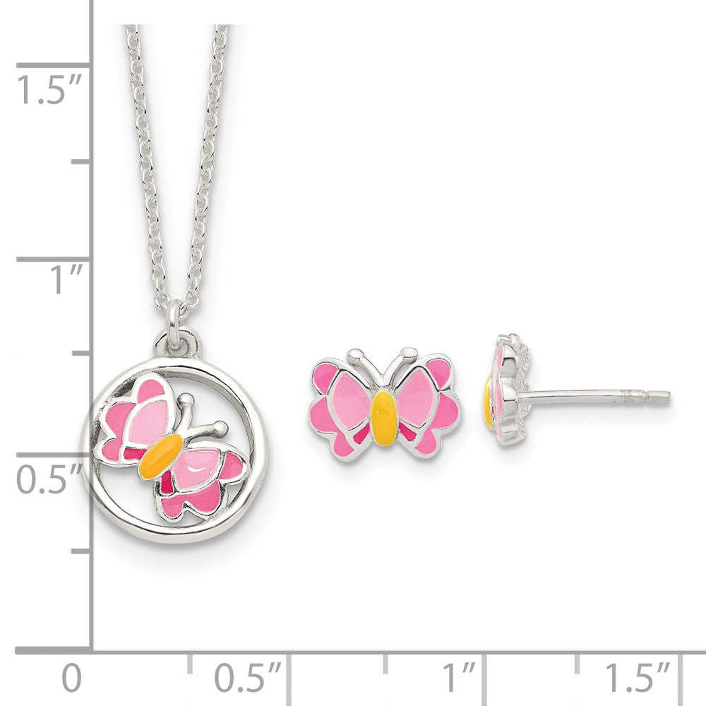 Sterling Silver Polished & Pink/Orange Enameled Butterfly Children's Earrings & 14in Necklace Set