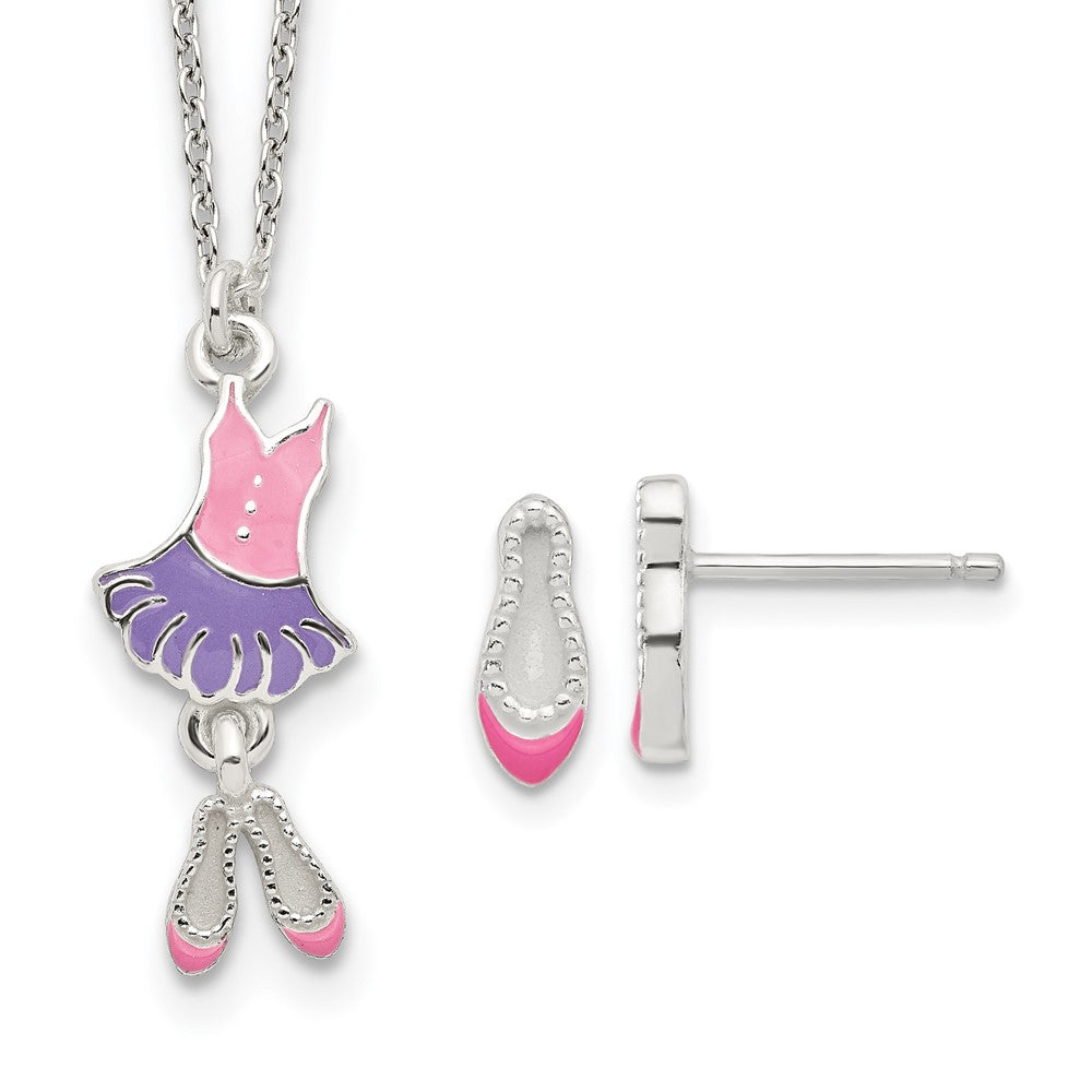 Sterling Silver Polished & Enameled Ballerina Children's 14in Necklace & Earring Set