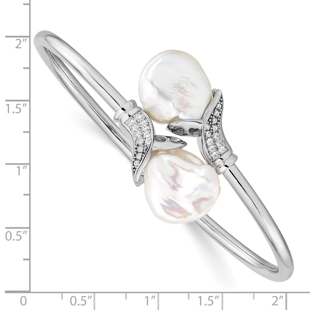 SS Rhodium-plated 16-17mm White Keshi FWC Pearl CZ Flexible Bangle