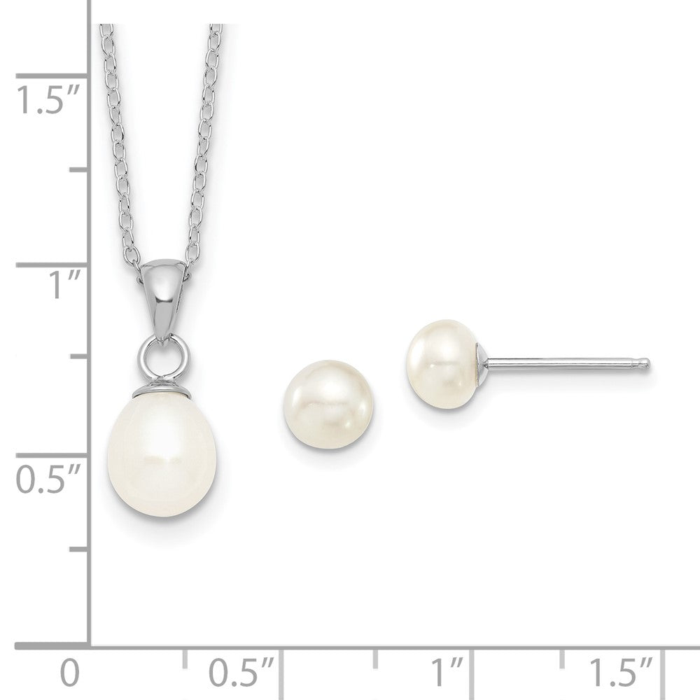 Sterling Silver Rhodium-plated 6-7mm White FWC Pearl Earring/Necklace Set