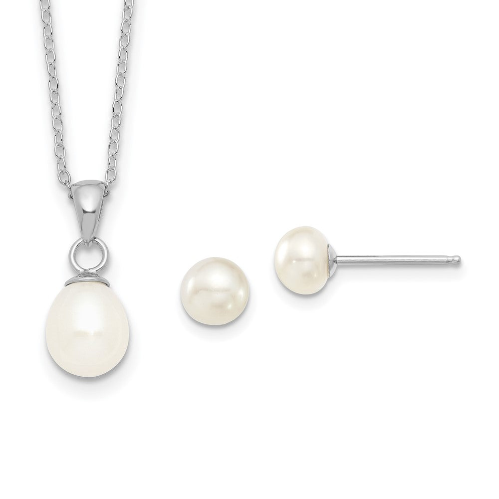 Sterling Silver Rhodium-plated 6-7mm White FWC Pearl Earring/Necklace Set