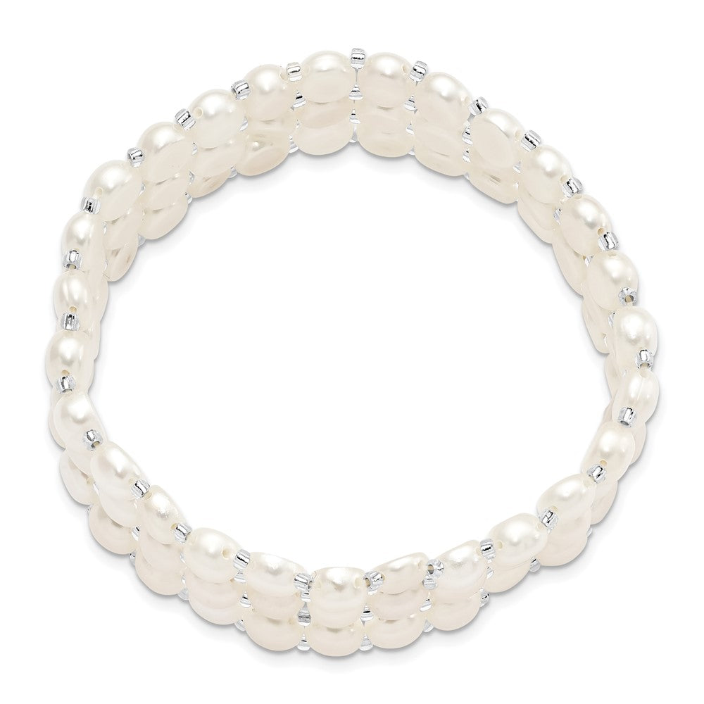 6-7mm White Button Freshwater Cultured Pearl and Glass Beaded 3-Row Stretch Bracelet