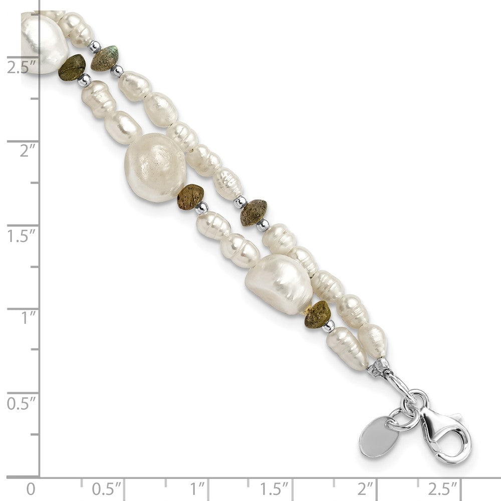 Sterling Silver Labradorite & Freshwater Cultured Pearl 2-Strand w/1in ext. Bracelet