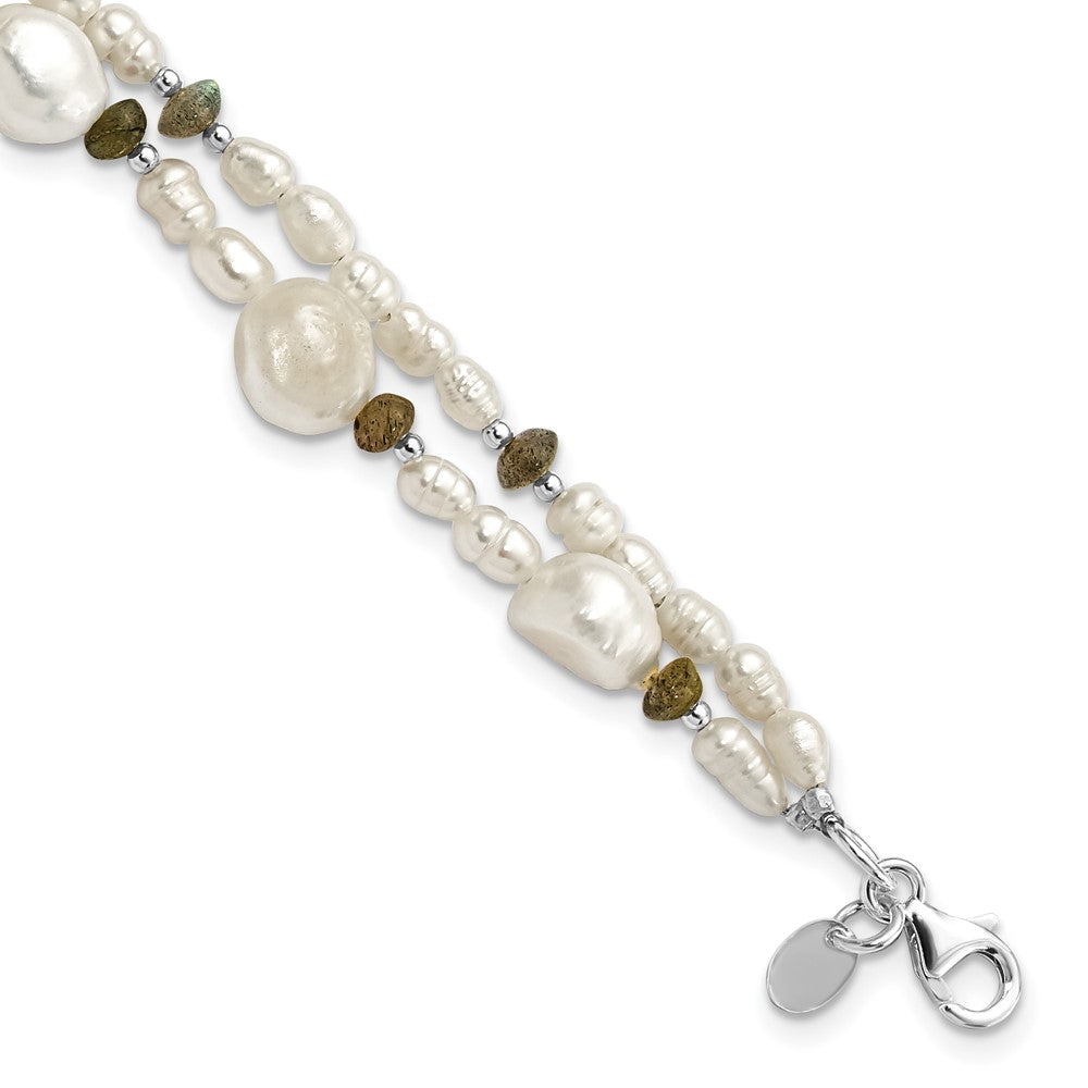 Sterling Silver Labradorite & Freshwater Cultured Pearl 2-Strand w/1in ext. Bracelet