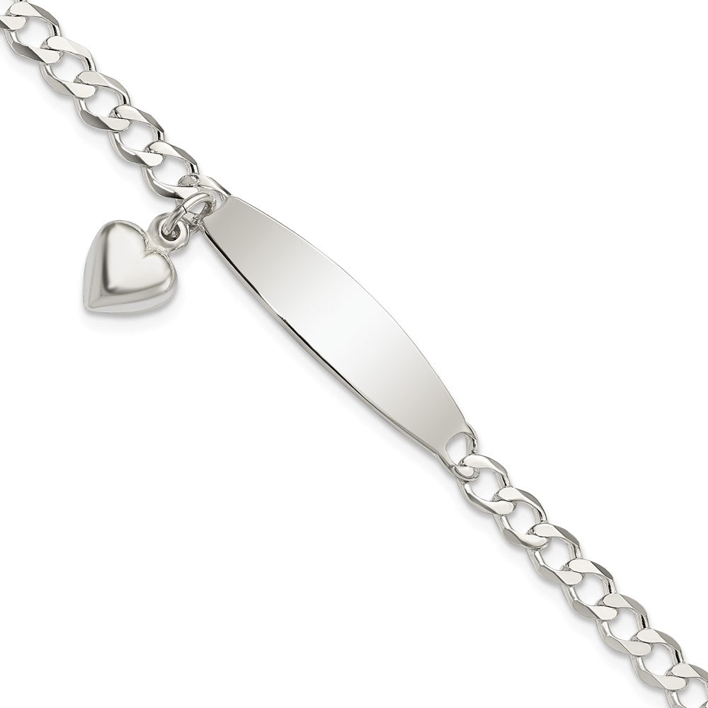 Sterling Silver Polished Curb Link ID Heart Dangle Bracelet