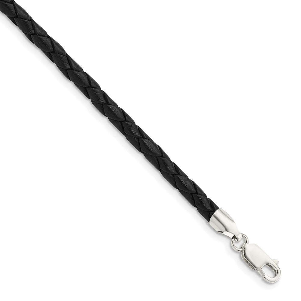 Sterling Silver 16inch 4mm Black Leather Braided Necklace