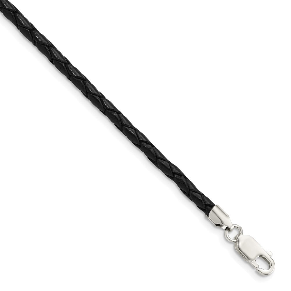 Sterling Silver 16inch 3mm Black Leather Braided Necklace