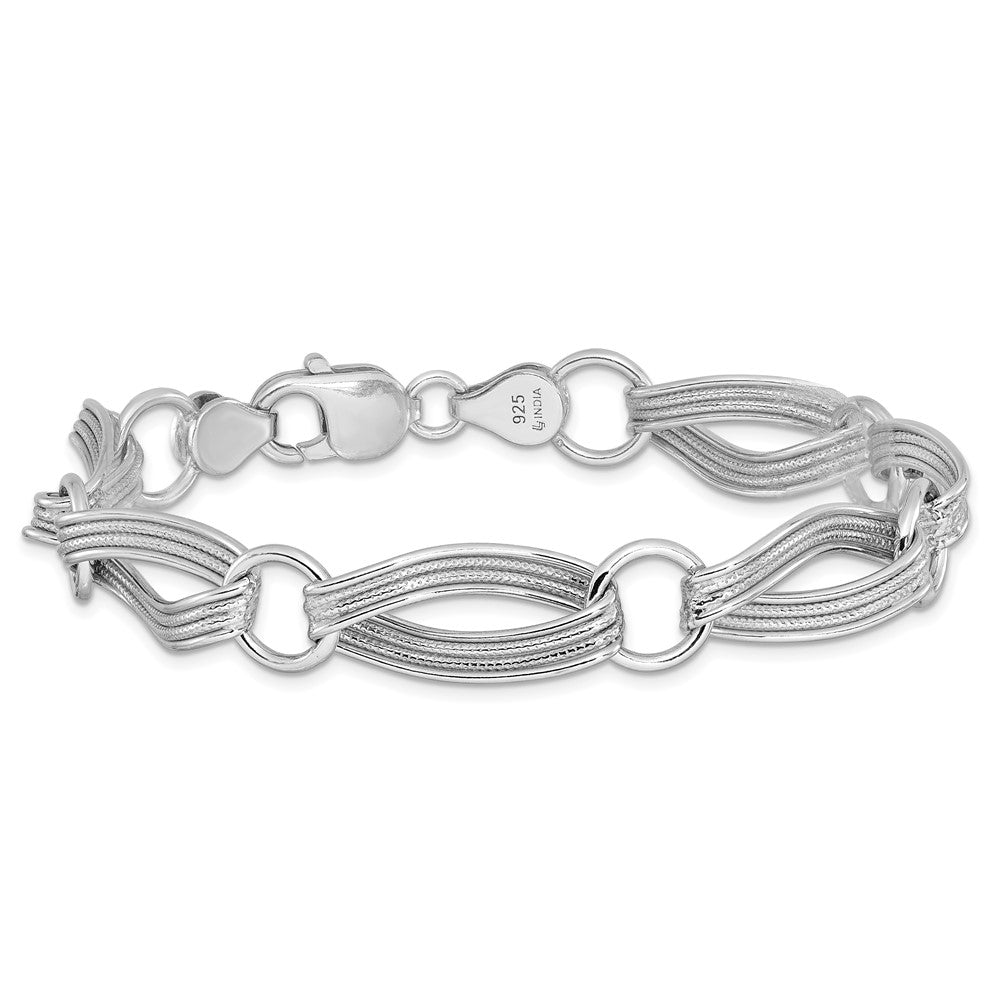 Sterling Silver Rhodium-plated Polished and Textured Link Bracelet