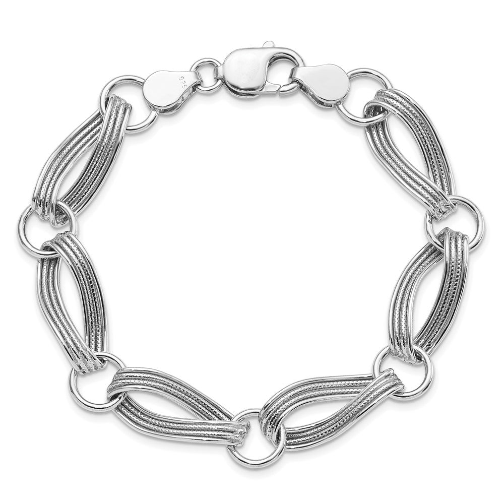 Sterling Silver Rhodium-plated Polished and Textured Link Bracelet