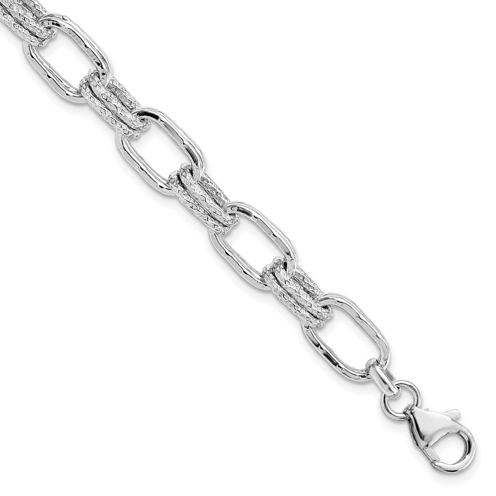 Sterling Silver Rhodium-plated Polished and Textured Link Bracelet