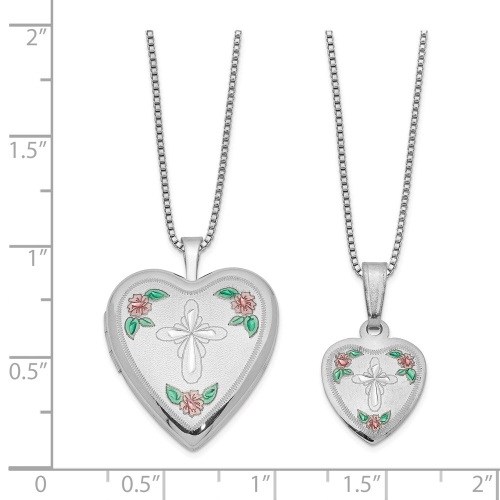 Sterling Silver Cross & Flowers Enameled Mother & 14in Daughter Locket/Pendant Necklace Set