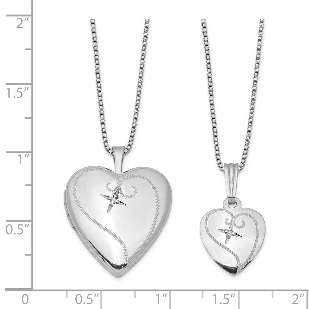 Sterling Silver Rhodium-plated Polished Diamond Heart 18in Locket Necklace and 14in Pendant Necklace Set