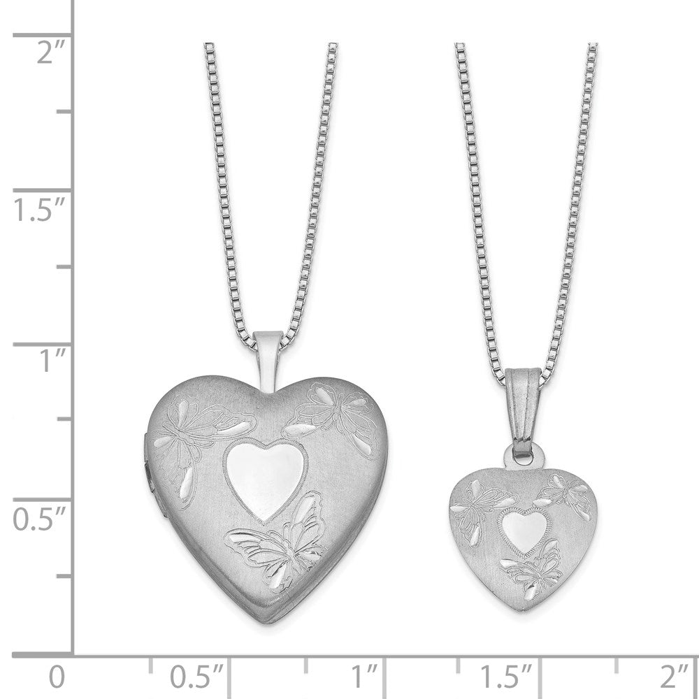 Sterling Silver Rhodium-plated Polished & satin Butterfly Heart 18in Locket Necklace and 14in Pendant Necklace Set