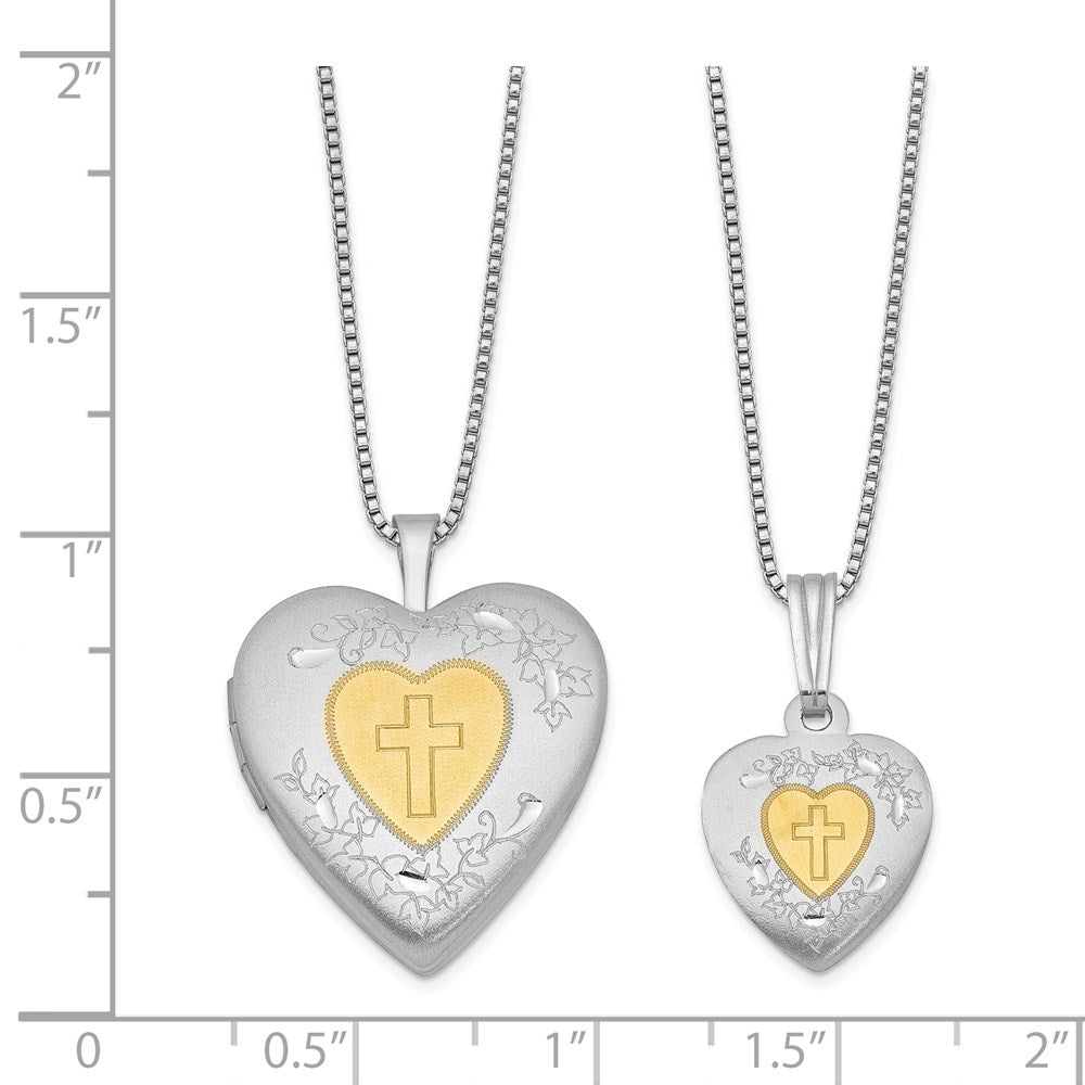 Sterling Silver Rhodium & Gold-plated Polished & Satin Diamond Mom Locket 18in Necklace/ Daughter Pendant 14in Cross Heart...