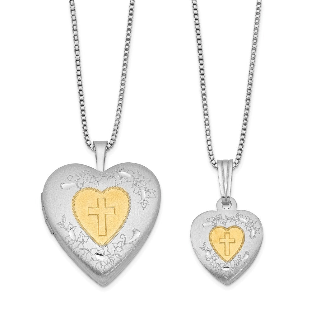 Sterling Silver Rhodium & Gold-plated Polished & Satin Diamond Mom Locket 18in Necklace/ Daughter Pendant 14in Cross Heart...