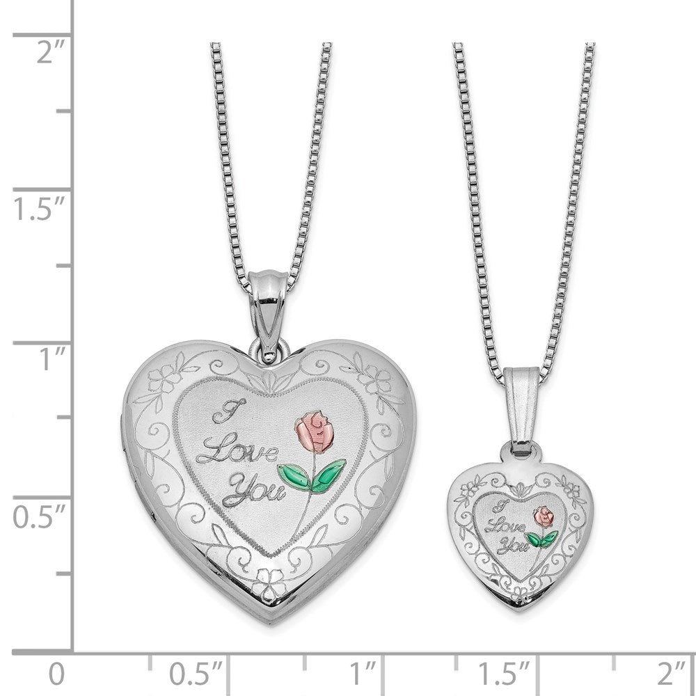 Sterling Silver Rhodium-plated Enameled Polished/Satin Rose I Love You Heart Mom 18in Locket & Daughter 14in Pendant Neckl...