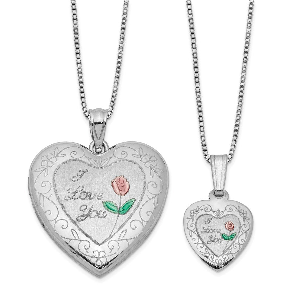 Sterling Silver Rhodium-plated Enameled Polished/Satin Rose I Love You Heart Mom 18in Locket & Daughter 14in Pendant Neckl...