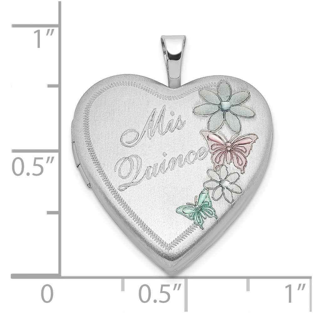 Sterling Silver Satin Enameled Mis Quince Butterfly Heart Locket