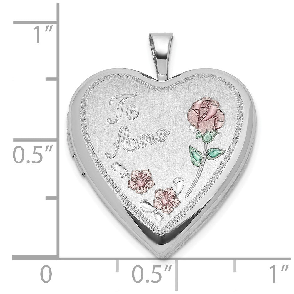 Sterling Silver Polished/Satin 20mm Enameled Roses Te Amo Heart Locket