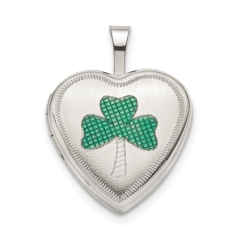 Sterling Silver 16mm Green Enamel Clover Heart Locket