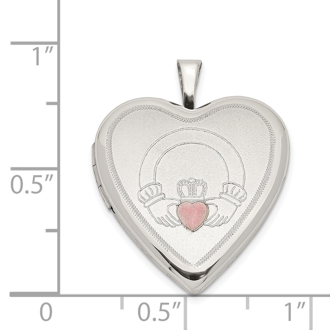 Sterling Silver 20mm Pink Enamel Claddagh Heart Locket QLS801