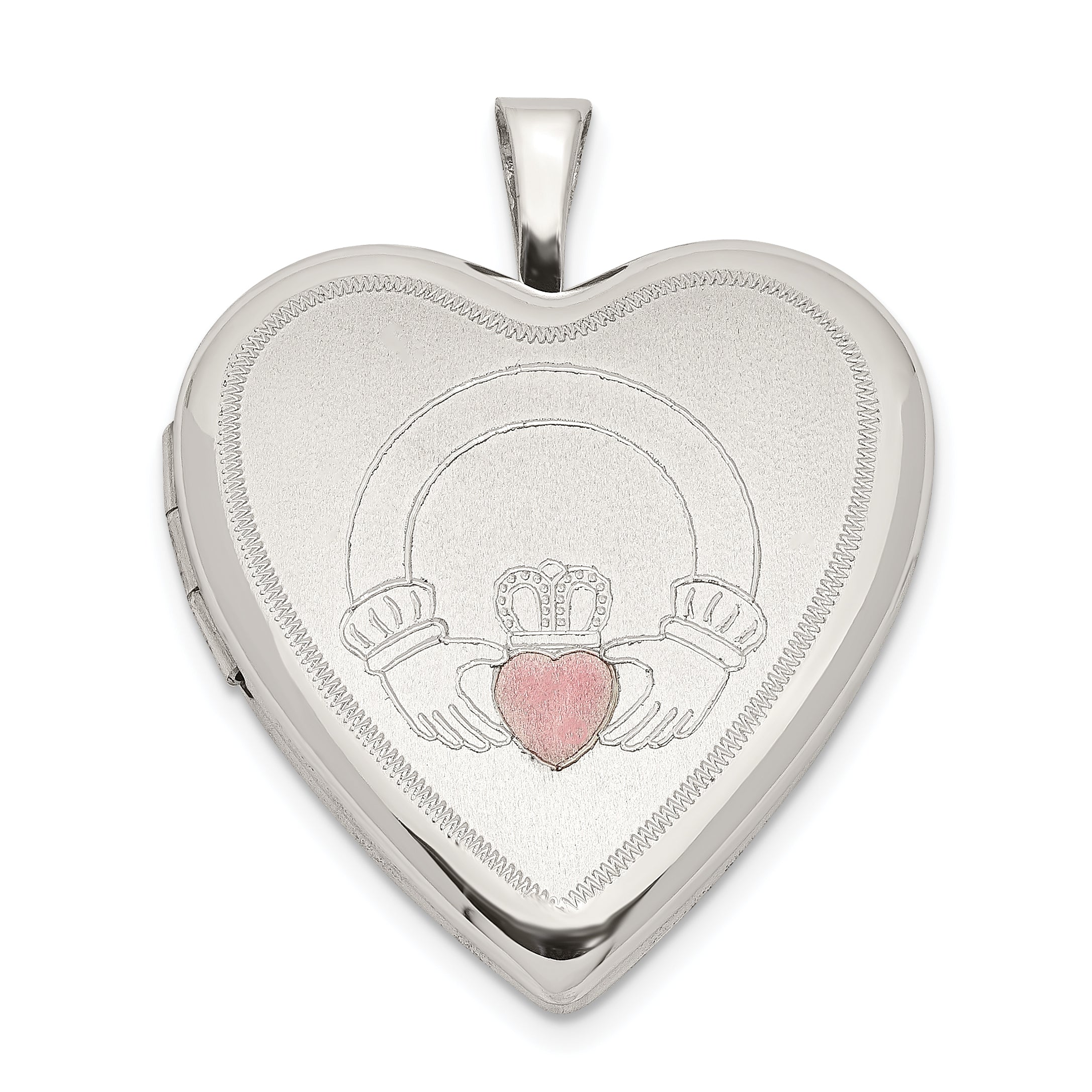 Sterling Silver 20mm Pink Enamel Claddagh Heart Locket QLS801