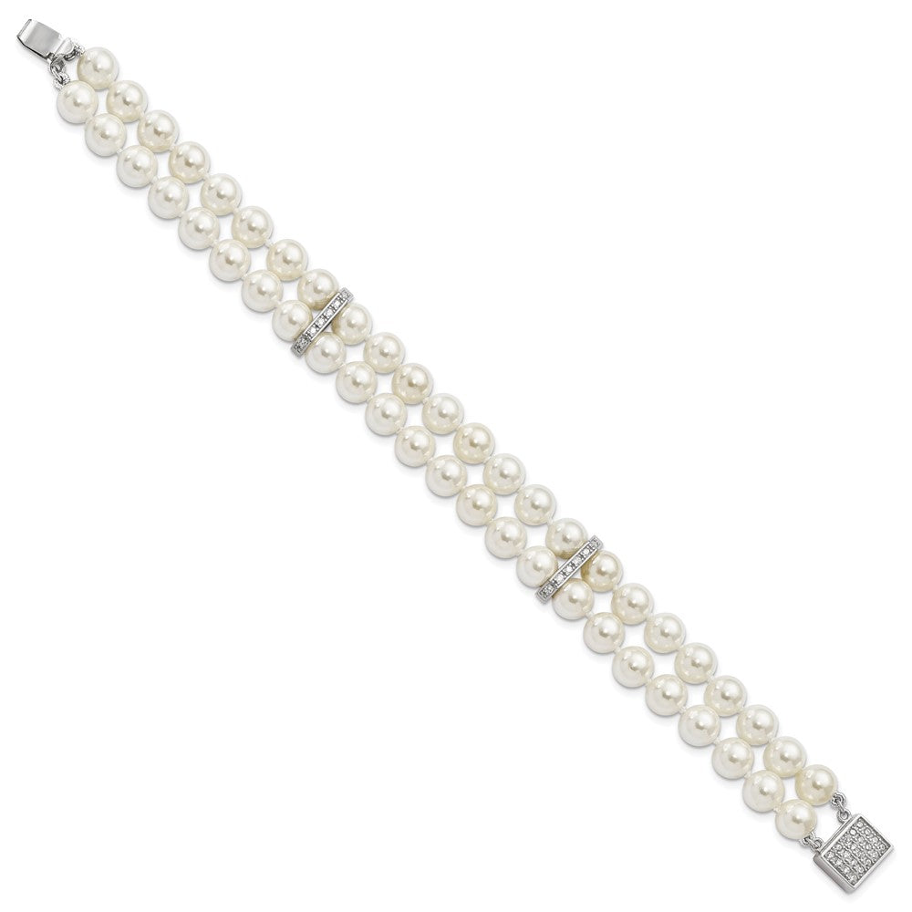 Majestik Sterling Silver Rhodium-plated 7-8mm White Imitation Shell Pearl and CZ Hand-knotted Bracelet